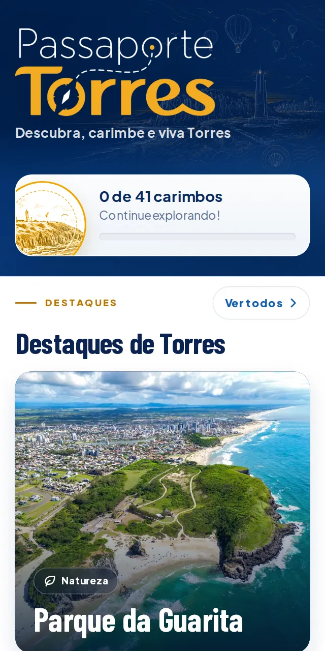 Tela inicial do Passaporte Torres no celular