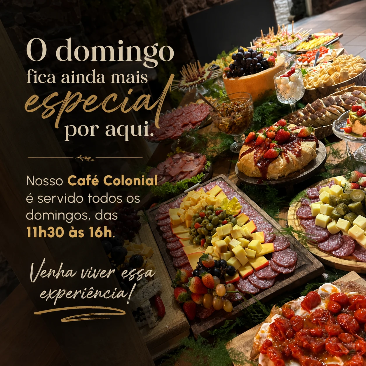 Mesa de café colonial e buffet do Guarita Gastronomia
